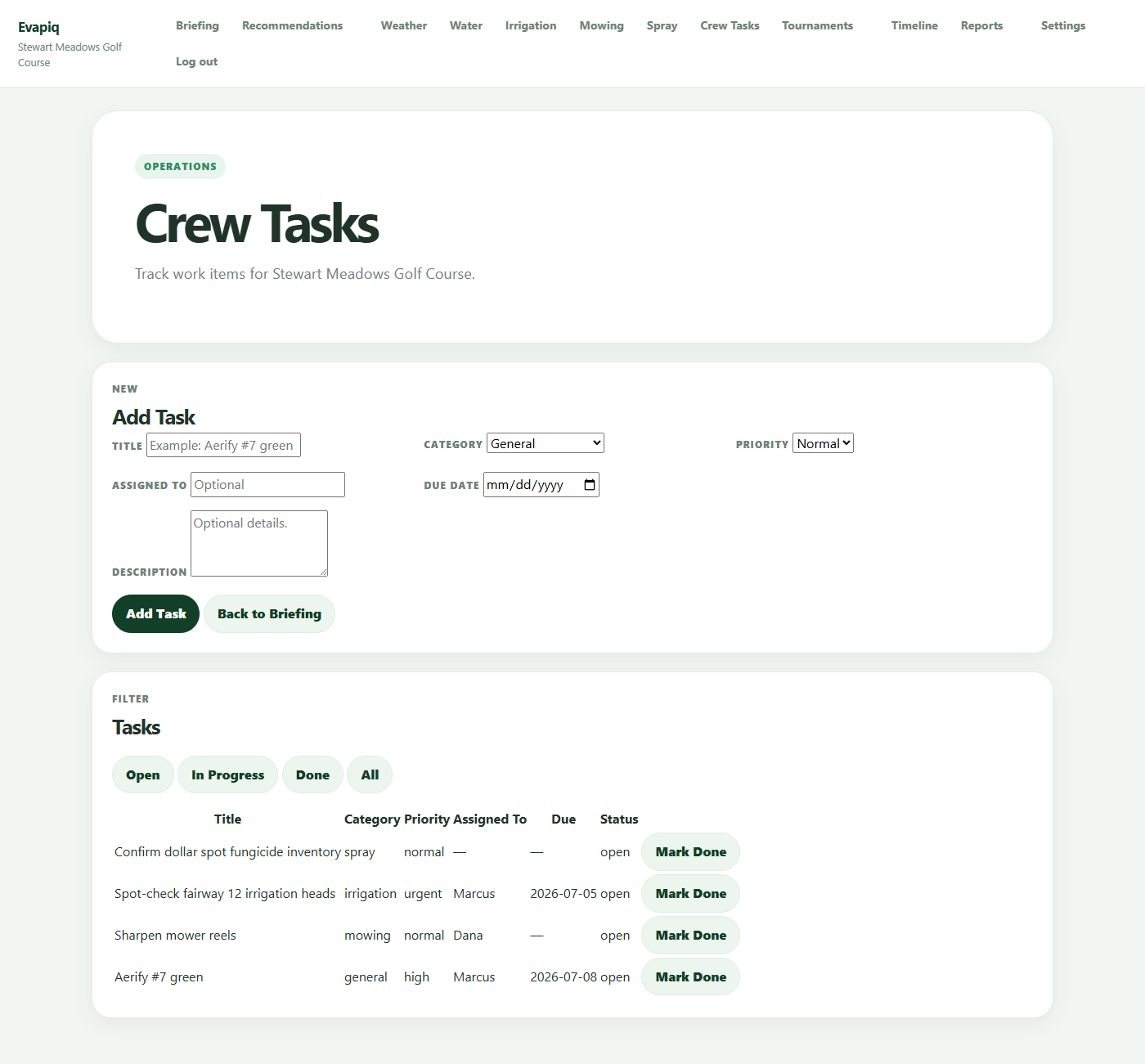 Evapiq crew tasks board with priority and category tags