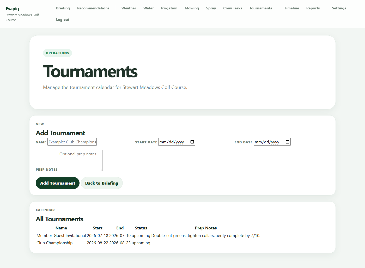 Evapiq tournament calendar with prep notes